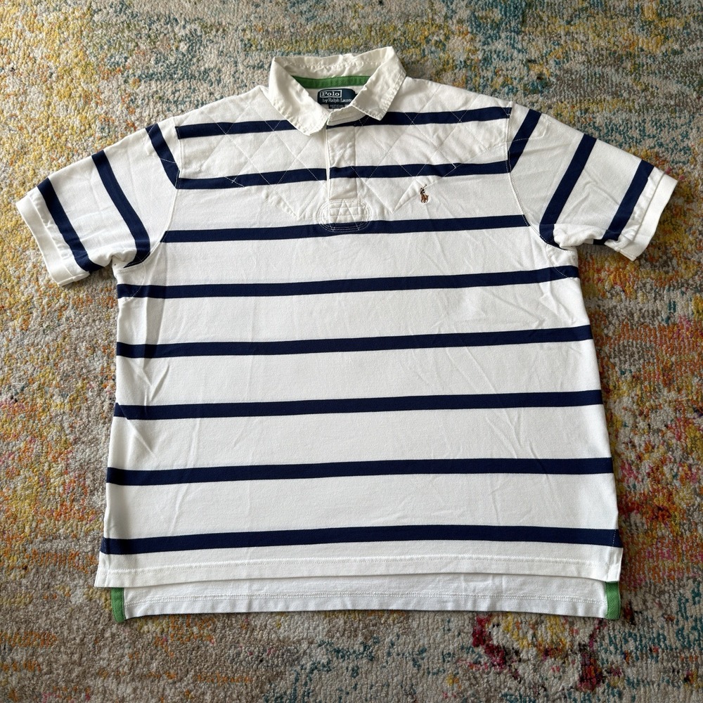 Vintage Polo Ralph Lauren Quilted Shoulder Striped Rugby Polo Shirt XXL